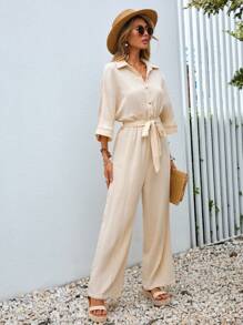 SHEIN VCAY Solid Button Front Belted Shirt Jumpsuit - Apricot - View 6
