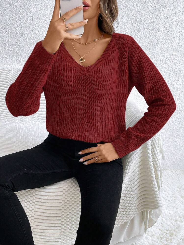 Solid Raglan Sleeve Ribbed Knit Sweater,Long Sleeve Tops Knit Pullover Fall Winter Sweater