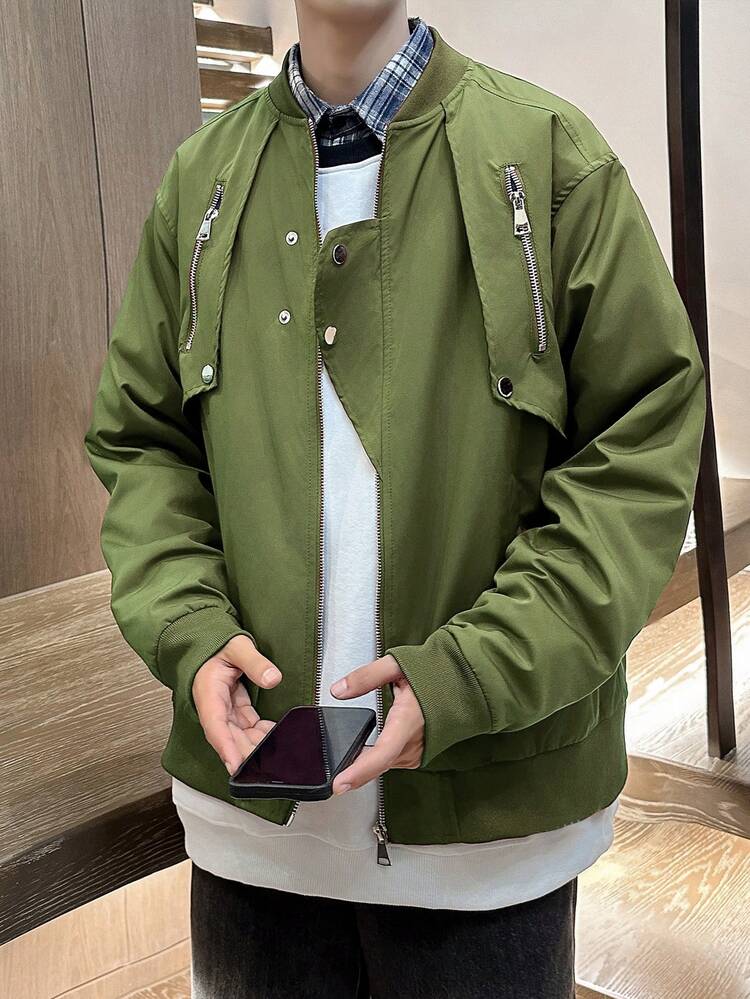 Loose Fit Men's Zip Up Drop Shoulder Bomber Jacket (Without T-Shirt)