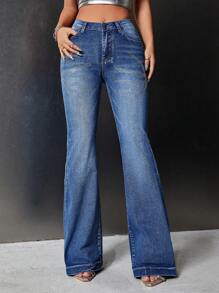 SHEIN ICON Rhinestone Detail Flare Leg Jeans - Dark Wash - View 1