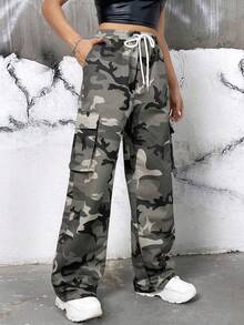 SHEIN Coolane Camo In Túi nắp bên cạnh Eo dây rút Quần Cargo - Nhiều màu - Xem 6