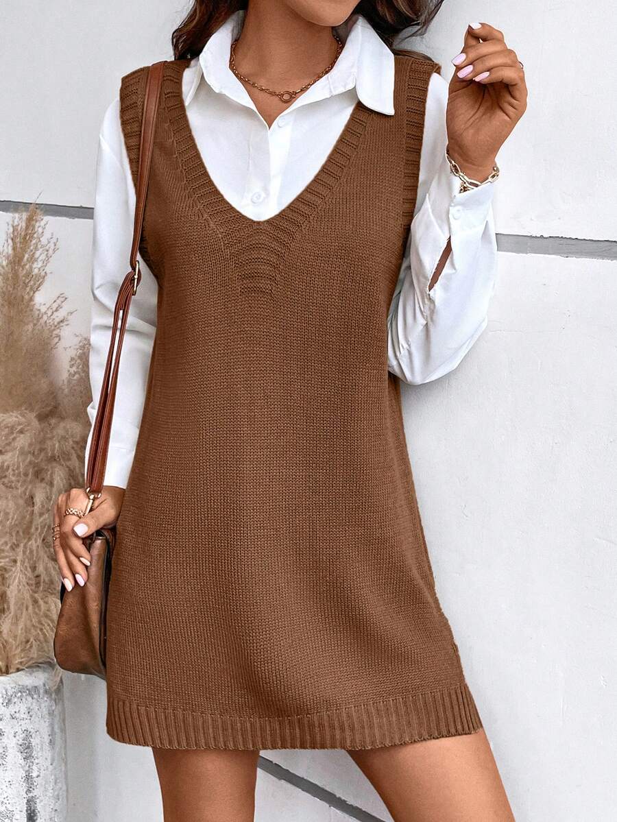 女士 V 领纯色简约日常侧开衩无袖针织连衣裙 - 棕色 - 查看 1