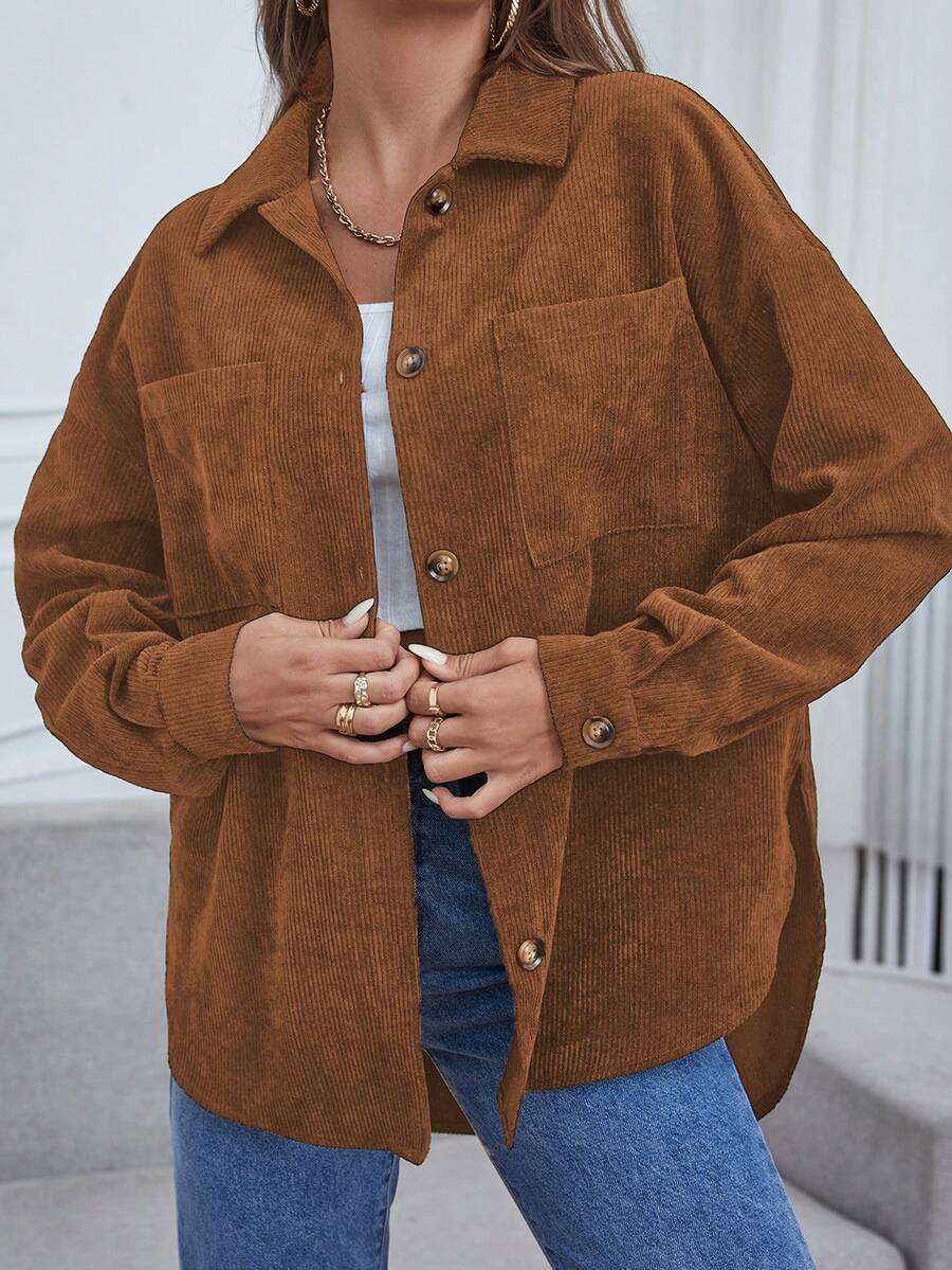 SHEIN Essnce 落肩袖口袋貼布燈芯絨大衣 - 棕色 - 查看 1