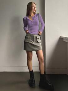 DAZY Button Front Ribbed Knit Tee Long Sleeve Women Tops - Violet Purple - View 4