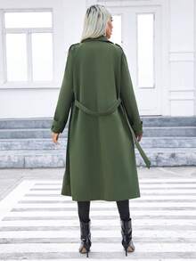 SHEIN Privé 女士們翻領雙排釦腰帶風衣外套 - 綠色 - 查看 2