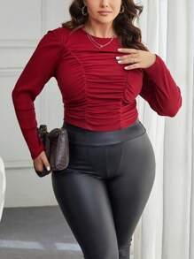 SHEIN Essnce Plus Ruched Front Tee - Red - View 2