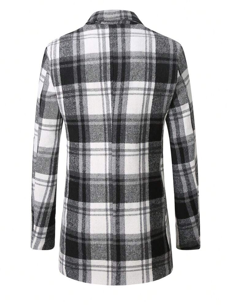 Loose Fit Men's Button Front Overcoat With Plaid Print