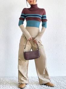 SHEIN EZwear Mẫu sọc Áo cao cổ Đau khổ Cắt tỉa Áo len - Cà phê nâu - Xem 4