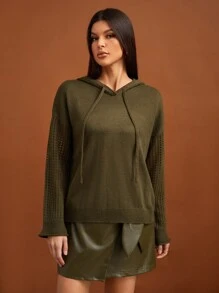SHEIN Tall Solid Drop Shoulder Drawstring Hooded Sweater, Tall Women - Green - View 7