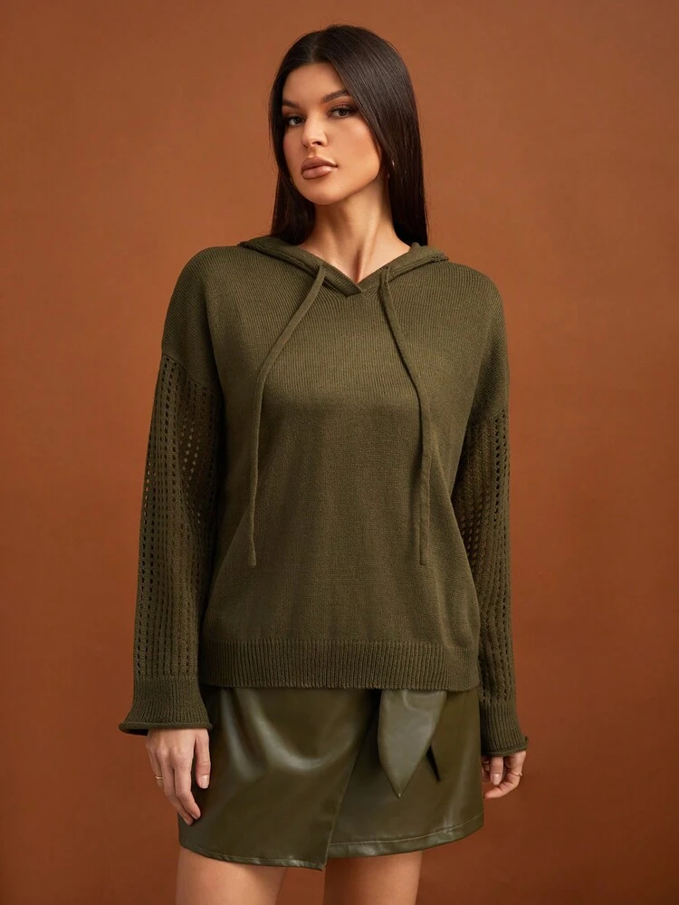 Solid Drop Shoulder Drawstring Hooded Sweater