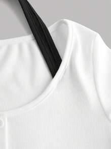 SHEIN Chica adolescente Camiseta 2 en 1 de dos tonos con botón delantero de cuello halter