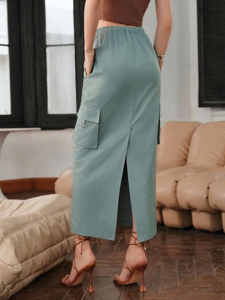 Flap Pocket Side Drawstring Waist Cargo Skirt