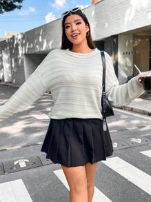 Flirla 加大码纯色落肩针织套头衫秋冬毛衣 - 白色 - 查看 7