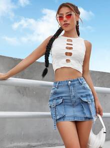 Flap Pocket Buckle Detail Denim Skirt - Rửa nhẹ - Xem 5