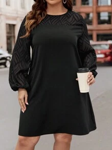 SHEIN LUNE Plus Contrast Mesh Lantern Sleeve Dress - Black - View 1