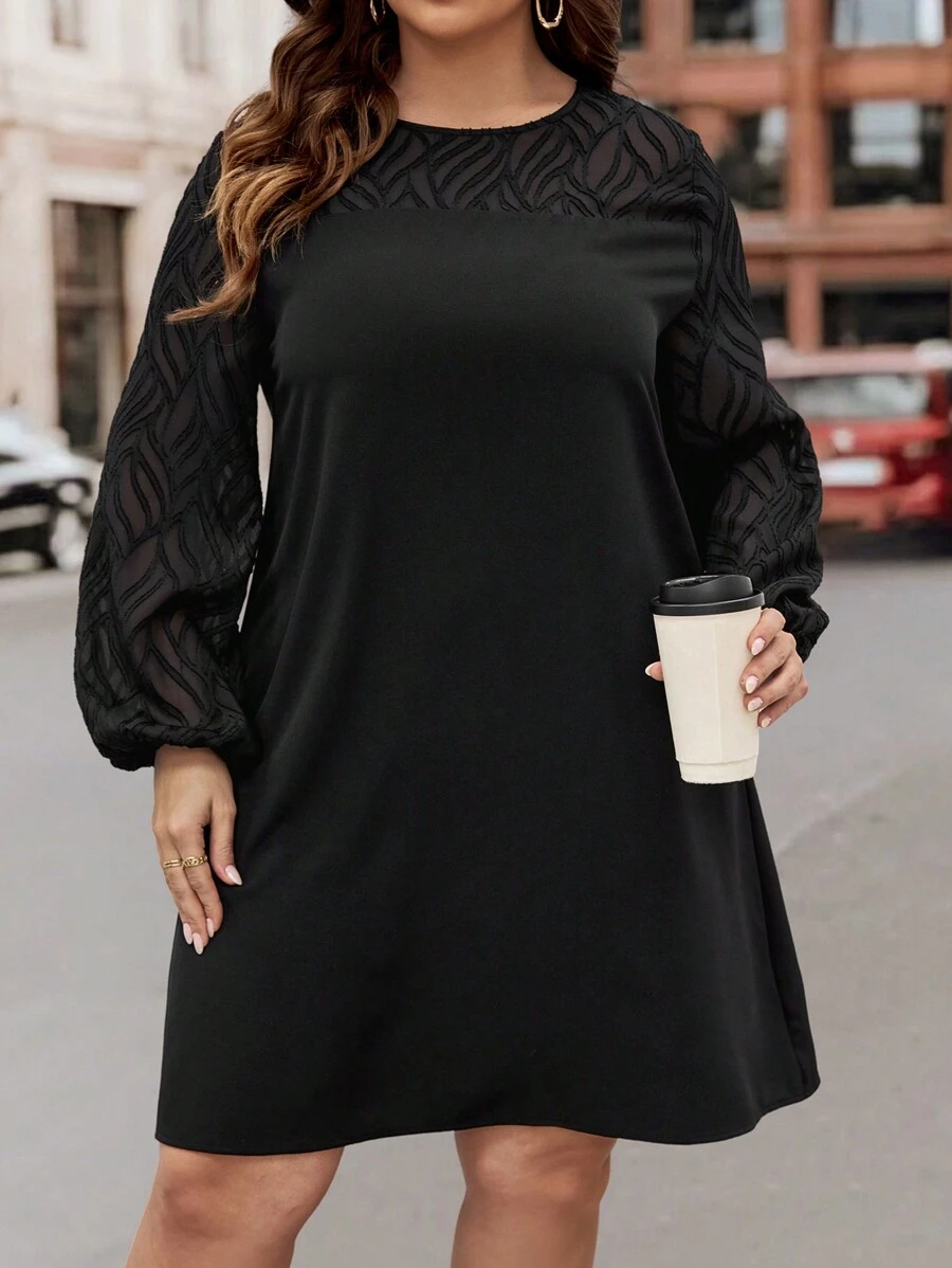 SHEIN LUNE Plus Contrast Mesh Lantern Sleeve Dress - Black - View 1