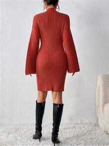 SHEIN Essnce 小高領落肩袖毛衣洋裝不附腰帶 - 棕色 - 查看 2