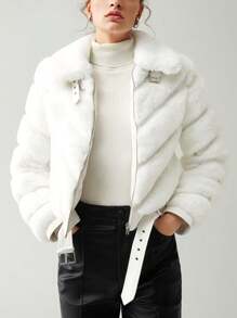 Anewsta 拉鏈開襟毛茸茸外套 - 白色 - 查看 1