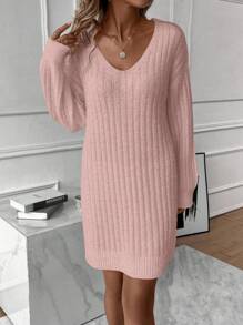 SHEIN Essnce Vestido de punto de hombros caídos tejido de canalé sin cinturón - Rosa - Ver 4