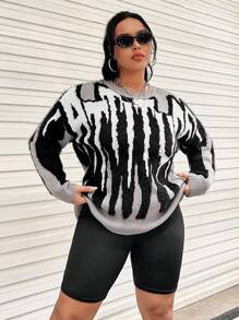 SHEIN EZwear Plus Allover Pattern Drop Shoulder Sweater - Grey - View 4