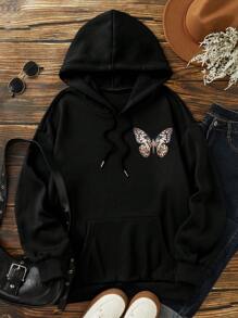 SHEIN EZwear Butterfly Print Kangaroo Pocket Drawstring Thermal Lined Hoodie - Black - View 1