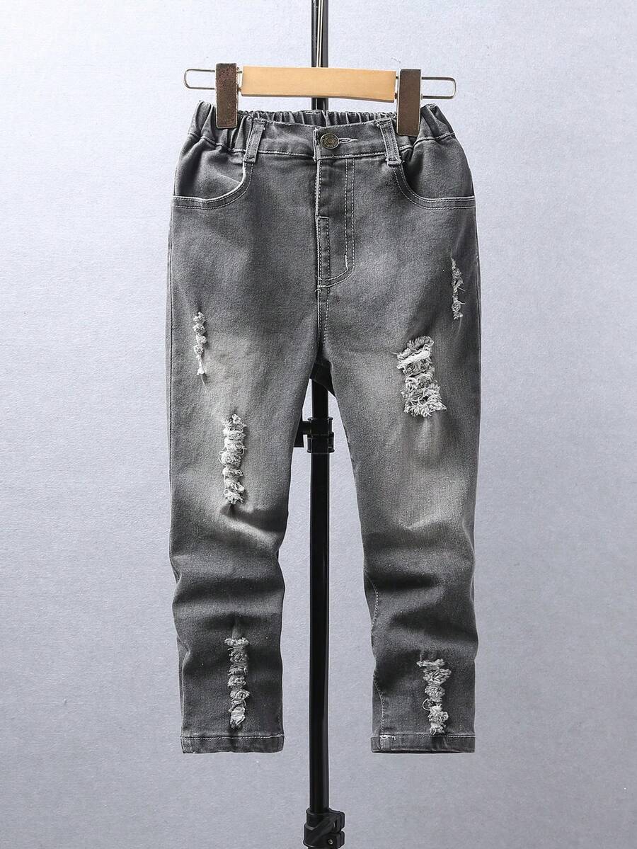 Young Boy Ripped Frayed Bleach Wash Jeans - Dark Grey - View 1