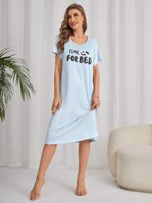 熊貓和標語圖案睡裙 - 淺藍色 - 查看 6