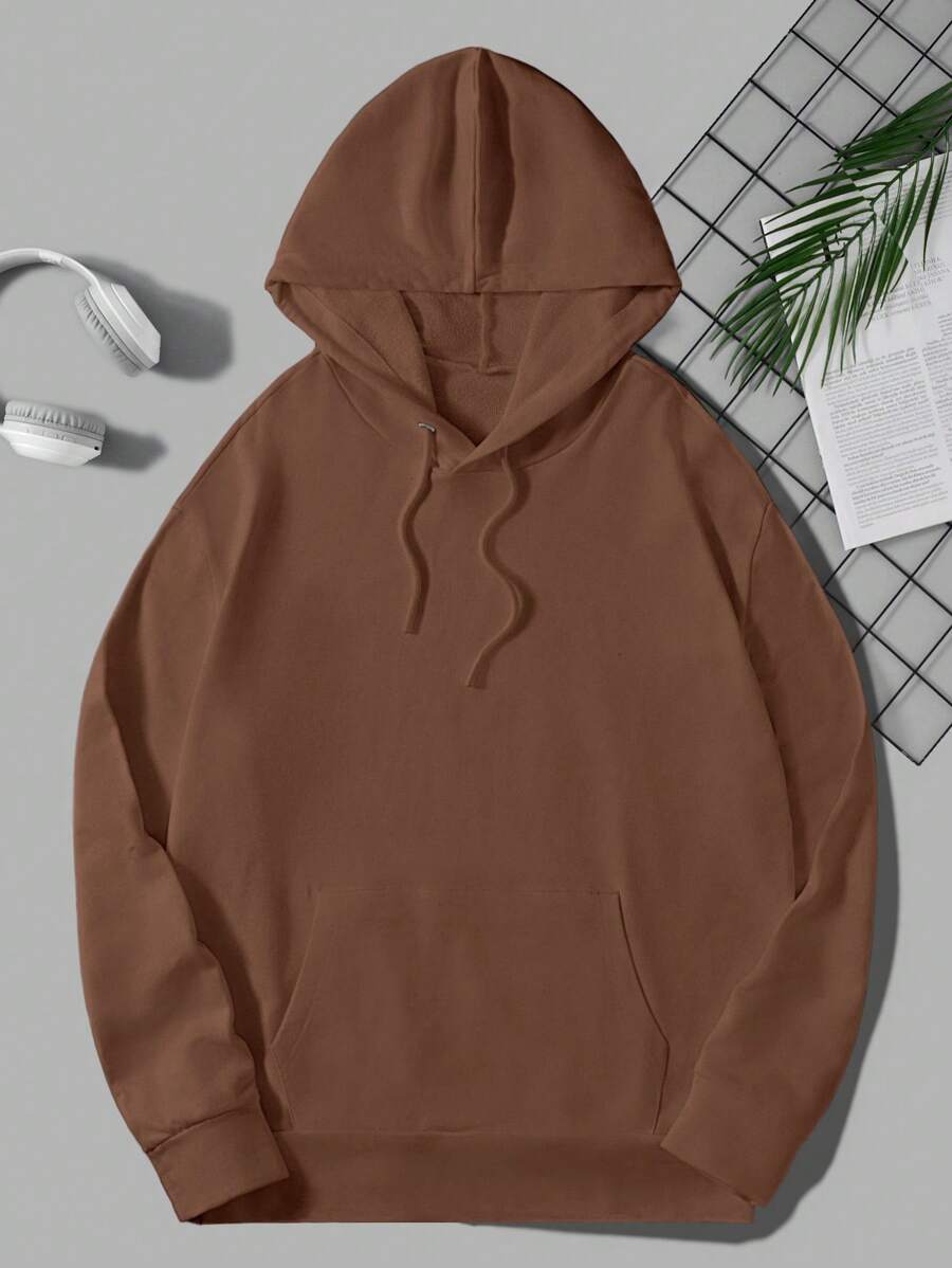 SHEIN Cottnline Men Kangaroo Pocket Drawstring Hoodie - Brown - View 1