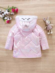 SHEIN Young Girl Rabbit Print 3D Ears Design Hooded Padded Coat Without Sweater - Pink - View 2
