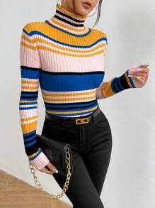 SHEIN Essnce 條紋圖案高領條紋針織套頭毛衣 - 彩色 - 查看 1
