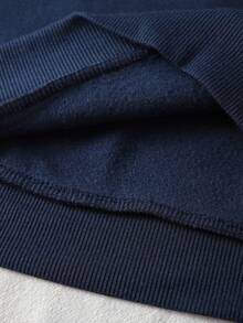 SHEIN LUNE 卡通和字母圖案袋鼠口袋抽繩加絨內裏連帽衫 - 藏蓝色 - 查看 4
