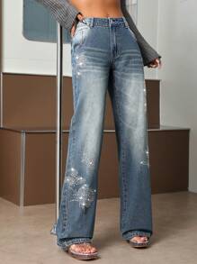 SHEIN ICON Pha lê Đồ họa hoa quần ống rộng Quần jean - Màu xanh lam - Xem 6