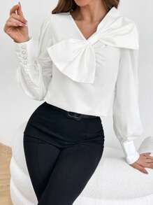 SHEIN Privé Mặt trước Nơ Lớn Ống tay áo Áo sơ mi - trắng - Xem 6