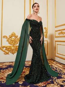 Faeriesty Off Shoulder Cloak Sleeve Sequin Mermaid Hem Formal Dress - Dark Green - View 6
