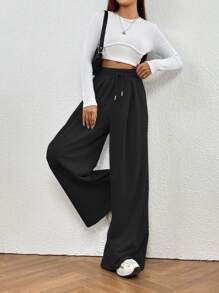 SHEIN LUNE Drawstring Waist Wide Leg Sweatpants - Black - View 5