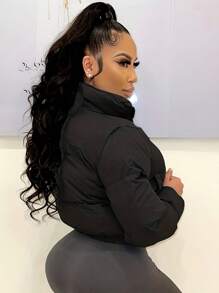 Chaqueta cálida con cuello corto y cremallera, de estilo europeo y americano para mujeres - Negro - Ver 3