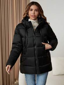 Abrigo acolchado con capucha con cordón y cremallera - Negro - Ver 6