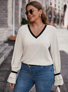 SHEIN Clasi Plus Contrast Trim Flounce Sleeve Blouse - Apricot - View 4