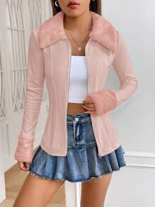 SHEIN MOD Cổ áo Borg Dây kéo Áo khoác - Hồng - Xem 4