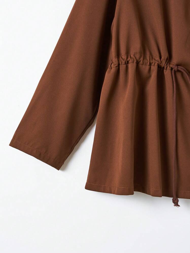 Flirla Talla grande Abrigo con capucha de cintura con cordón con cremallera - Caqui - Añade 3
