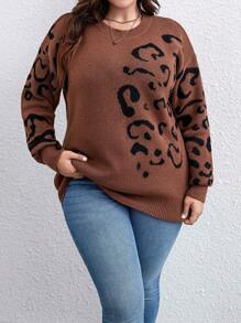 SHEIN LUNE Suéter de punto con caída de hombros y estampado de leopardo para otoño e invierno - Marrón - Ver 3