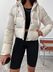 EURMUSE Solid Zip Up Snap Button Hooded Puffer Coat - Apricot - View 5