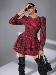 SHEIN Essnce Tartan Print Ruffle Hem Dress - Red - View 1