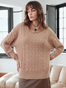 Anewsta 纯色麻花针织落肩套头衫秋冬毛衣 - 卡其色 - 查看 6