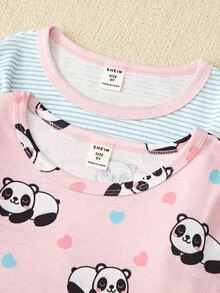 2入組中小童女孩熊貓印花緊身睡衣 - 粉色 - 查看 7