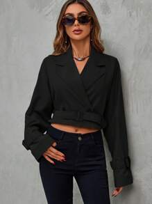 SHEIN Clasi 西裝領扣飾袖口短款風衣外套 - 黑色 - 查看 1