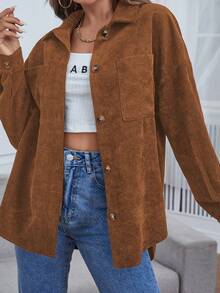 SHEIN Essnce 落肩袖口袋貼布燈芯絨大衣 - 棕色 - 查看 5