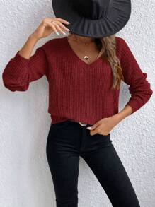SHEIN LUNE Solid Raglan Sleeve Ribbed Knit Sweater,Long Sleeve Tops Knit Pullover Fall Winter Outfit