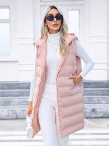 SHEIN Privé Slant Pockets Drawstring Hooded Vest Padded Coat