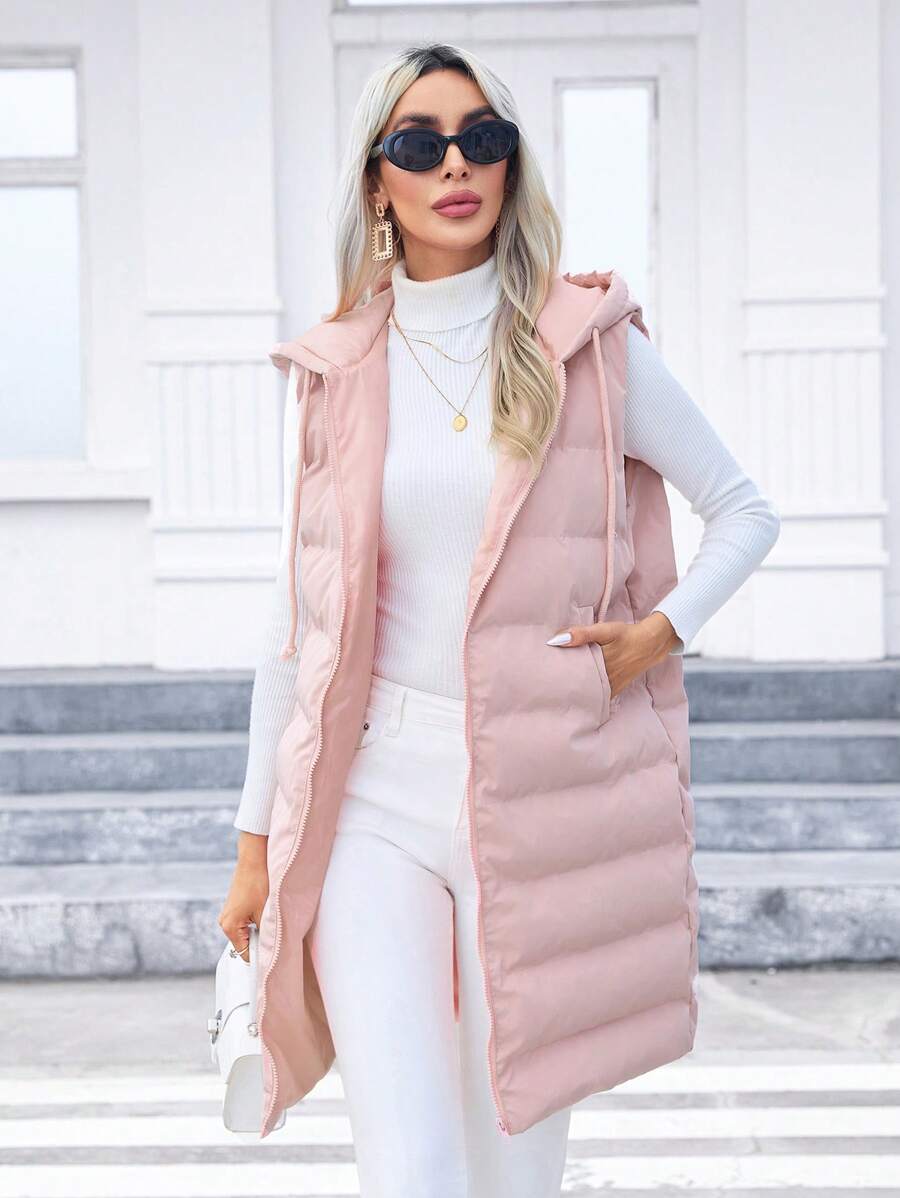 SHEIN Privé Slant Pockets Drawstring Hooded Vest Padded Coat